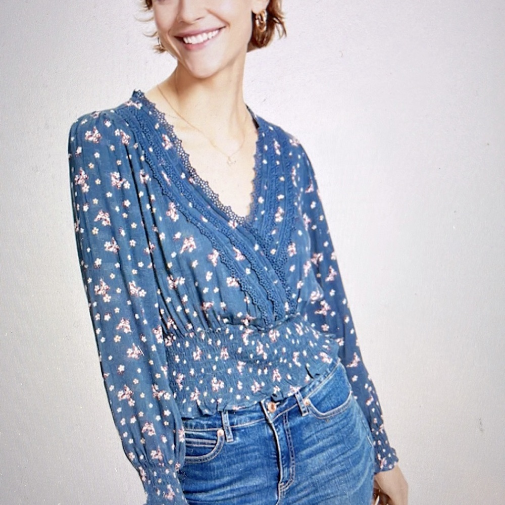 Self Esteem V-Neck Blouse with Crochet Trim and Smocked at hem and Sleeves - Picture 1 of 7